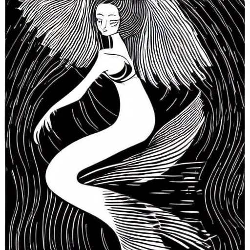 Image similar to black and white illustration, creative design, smooth lines, mermaid