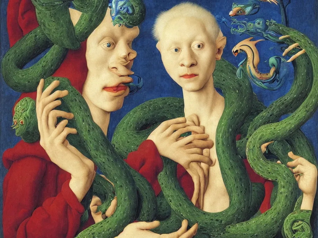 Prompt: Portrait of albino mystic with blue eyes, with beautiful exotic melancholy serpent. Painting by Jan van Eyck, Audubon, Rene Magritte, Agnes Pelton, Max Ernst, Walton Ford