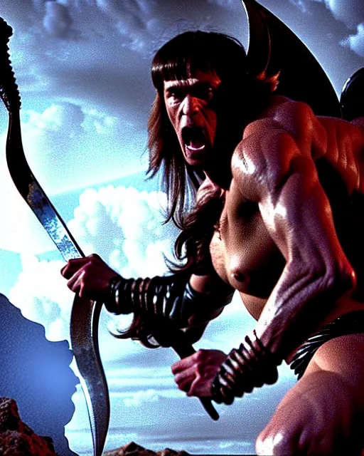 Image similar to closeup Photo of Conan the Barbarian fighting a dragon with a sword in a dungeon, rim lighting, octane, Frank frazetta, Edgar Rice Burroughs,