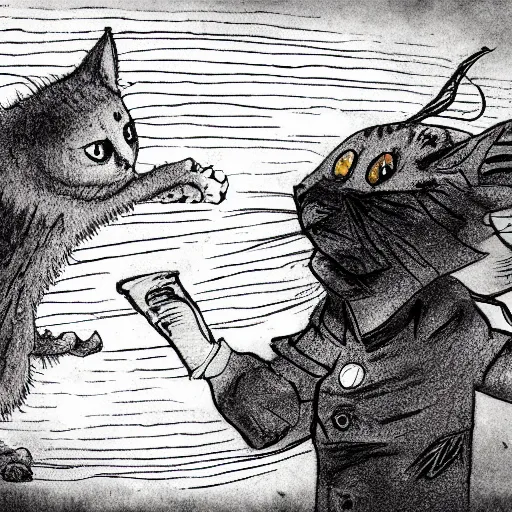 Prompt: Giant monster looking at a cat, Lovecraft sketch