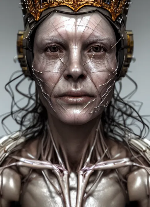 Image similar to 3 / 4 portrait, queen emma, crown, transparent skin, visible muscle and bones and veins and nerves, hyperrealism, detailed textures, photorealistic, 3 d cyberpunk apocalyptic city, futuristic clothing and helmet, ultra realistic, cinematic, intricate, cinematic light, unreal engine 8 k, octane render, unreal engine by david kostic and stanley lau and artgerm