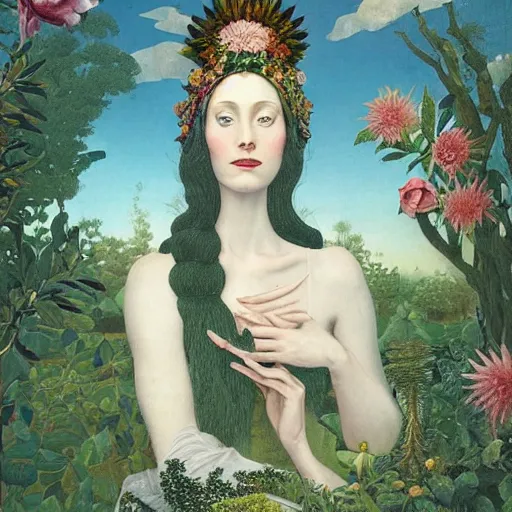 Image similar to a detailed portrait of young woman in renaissance dress and a surreal renaissance headdress, very surreal garden, strange creatures, by christian schloe and botticelli, naotto hattori, amy sol, roger dean, moody colors