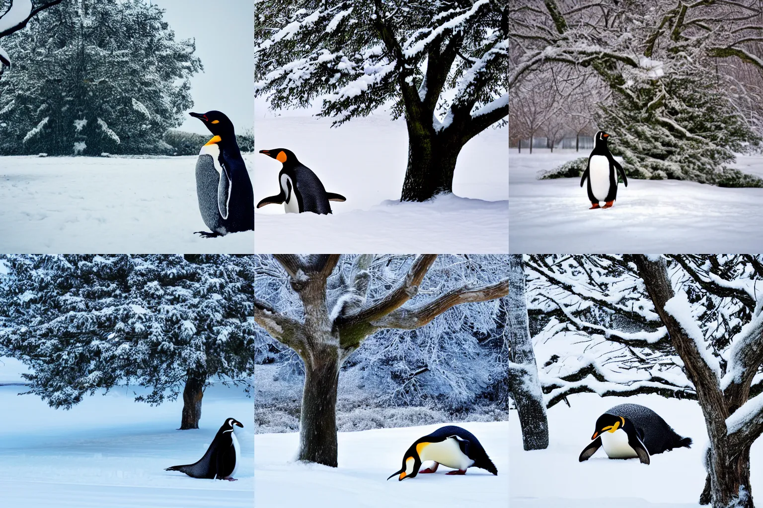 Prompt: penguin resting underneath a tree, snowy winter landscape