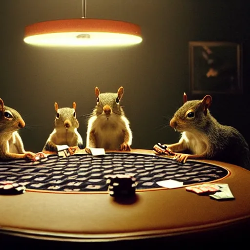 Image similar to still picture of a meeting of squirrels playing poker, dramatic lighting, perfect movie shot, color correction, color theory, macro, by Roger Deakins, by Andrew Thomas Huang