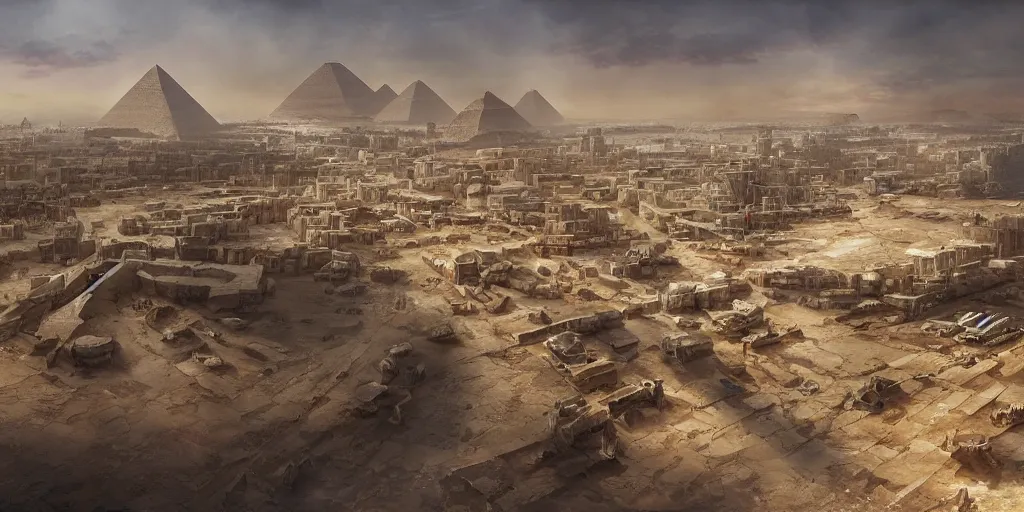 Image similar to beautiful matte painting of a egyptian city port by weta workshop 8 k, cinematic dramatic atmosphere, dramatic lighting