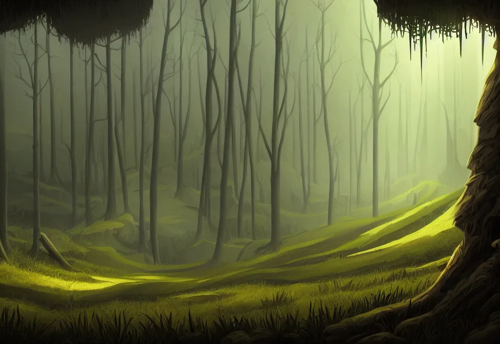 Image similar to blurry view of the background of a forest that has an endless pit in the bottom of the image, stylised painting, visible brush strokes, forest, medieval architecture, dynamic lighting, aesthetics, smooth, d & d, fantasy, asymmetrical, intricate, elegant, matte painting, illustration