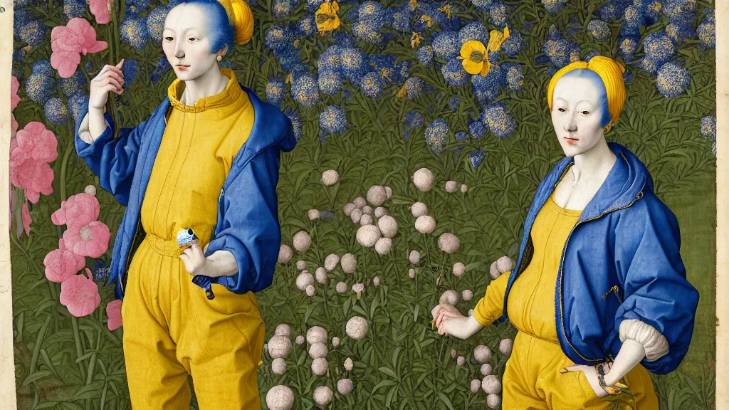 Image similar to portrait of a woman with blue hair buns, wearing a yellow jacket and baggy jeans, standing in a garden full of plants and flowers, intricate details, high detail, in the style of rogier van der weyden and jacopo da pontormo, punk, asian art,