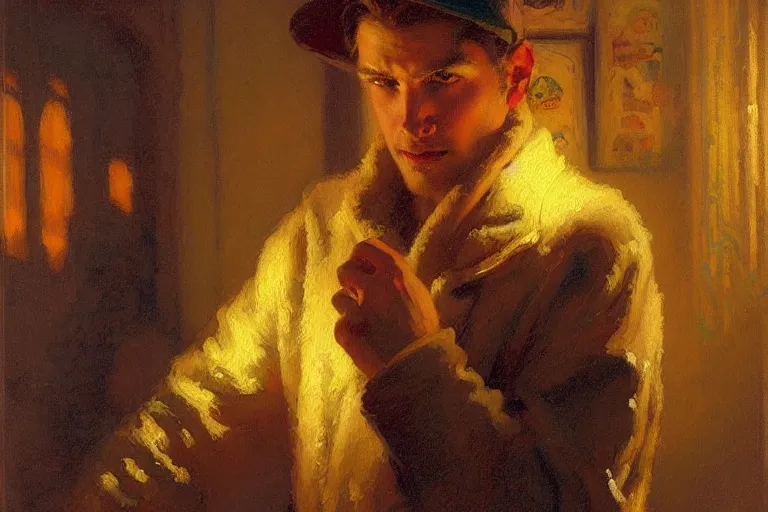 Image similar to winter, attractive male, neon light, painting by gaston bussiere, craig mullins, j. c. leyendecker