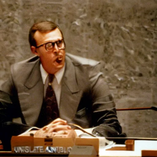 Image similar to 1990s Hi-8 footage of Napoleon speaking to the United Nations, candid portrait photograph, 40mm