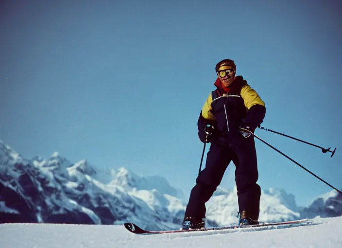 Prompt: a 2 8 mm macro kodachrome photo of one man skiing in the swiss alps in the 1 9 5 0's, bokeh, canon 5 0 mm, cinematic lighting, film, photography, golden hour, depth of field, award - winning