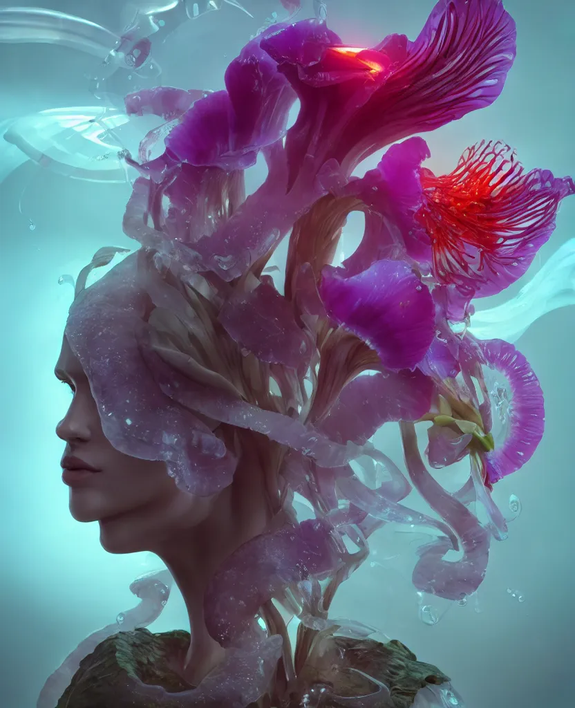 Image similar to 3 d head shot portrait of the face of a beautiful princess, giant orchid flower, giant gladiola, high contrast and sharpness, jellyfish face skull phoenix bird, translucent, nautilus, smoke and water energy flow. highly detailed, epic. octane render, excellent composition, by wlop, tooth wu, greg rutkowski, beeple