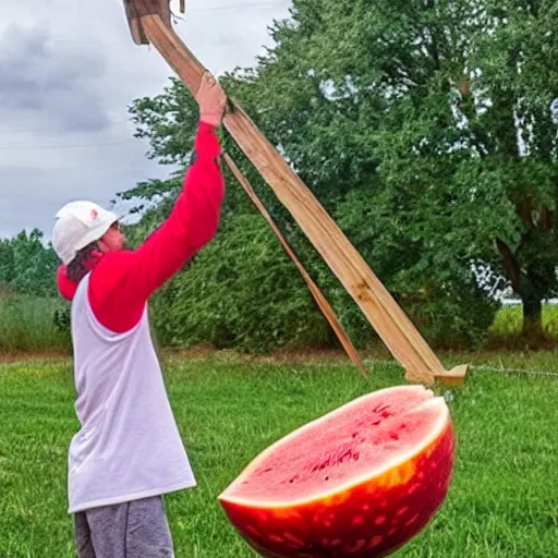 Prompt: a watermelon being shot from a trebuchet