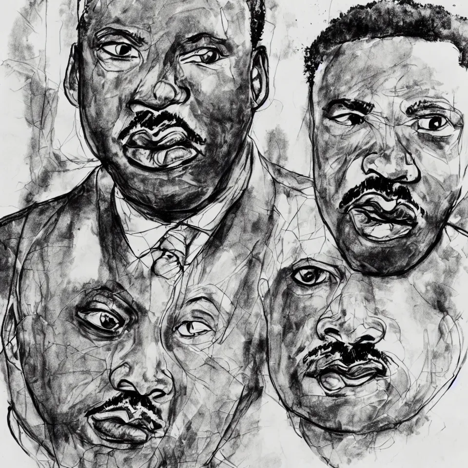 Image similar to A loose messy wild ink sketch portrait of Martin Luther King in the style of Ralph Steadman and Paul Klee, caricature, dramatic