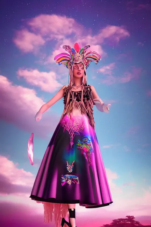 Image similar to Ethereal safari landscape with a pink rainbow sky under a goddess moonstone, black leather and embroidered Lolita dress in velvet, rich color, ramatic cinematic lighting, featured on Artstation, extremely detailed by Lisa Frank