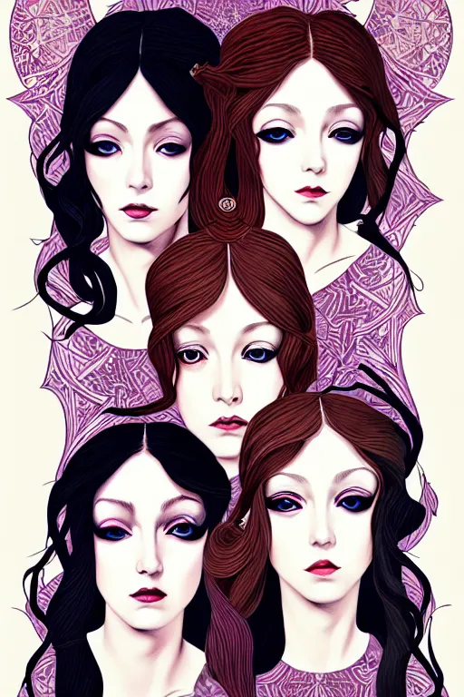 Prompt: triad of muses, as the 3 winter months of december, january and february, style mix of æon flux, shepard fairey, botticelli, john singer sargent, pre - raphaelites, shoujo manga, harajuku fashion, stark, ice, snow, branches, muted dark colors, superfine inklines, 4 k photorealistic, arnold render