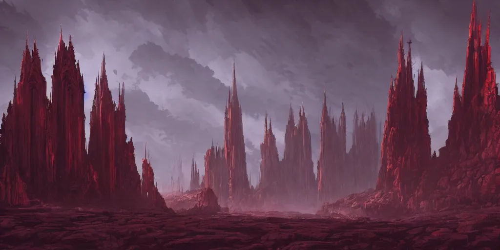 Image similar to dramatic render of a cathedral, gothic architecture, tall spires, top of a red rock canyon, vultures, 24mm angle, concept art by studio ghibli and eddie mendoza, atmospheric, moody, dark, cinematic, volumetric lighting, 8K