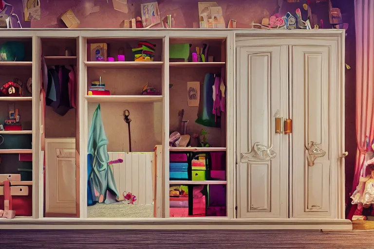 Prompt: children stumble upon a door into a secret world behind that most prosaic of furniture items, a wardrobe. photo - realistic hd, hyperrealism, colourful, highly detailed, cinematic, luminescence, 3 2 k, dop, high contrast, intricate, mystery, epic, fantasy