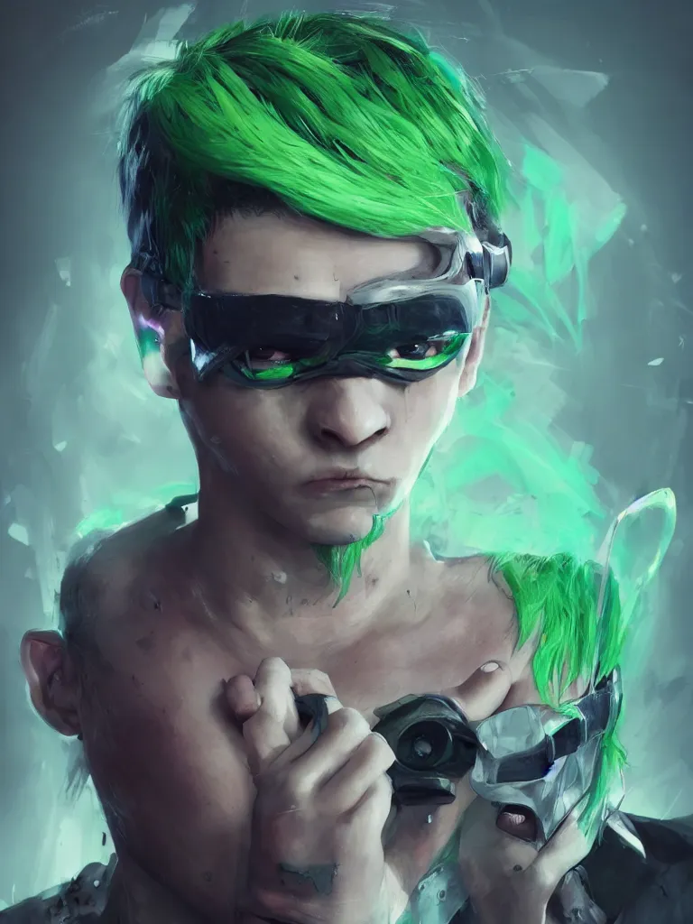 Image similar to a portrait of a boy with green hair and two devil horns and an eye patch, cyberpunk style, digital painting, concept art, smooth, sharp focus, hyperrealistic, illustration, artstation trending, octane render, unreal engine, ambient light, dynamic lighting, magical, dark vibes, Cyberpunk 2077