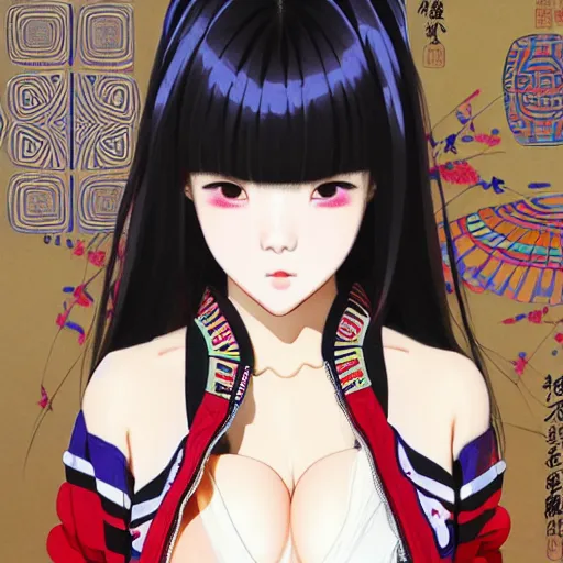 Image similar to a beautiful japanese lalisa alluring gravure model, wearing oversized designer bomber jacket and leotard, bulky poofy bomber jacket with mesoamerican patterns, mesoamerican native street fashion, gapmoe yandere grimdark, trending on pixiv fanbox, painted by greg rutkowski makoto shinkai takashi takeuchi studio ghibli, akihiko yoshida