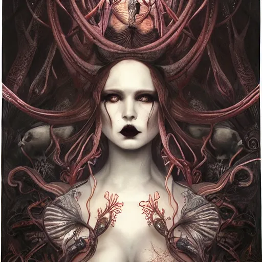 Image similar to curiosities carnival fashion show in wonderland, soft paint of a single elegant goth sorceress in a full long dress, symmetry accurate features, horror, tentacles, darkness, fog, focus, madness, insanity, very intricate ultrafine details, award winning masterpiece, tom bagshaw artstyle