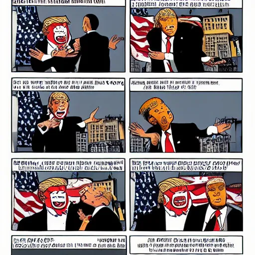 Image similar to a comic strip of obama fighting trump