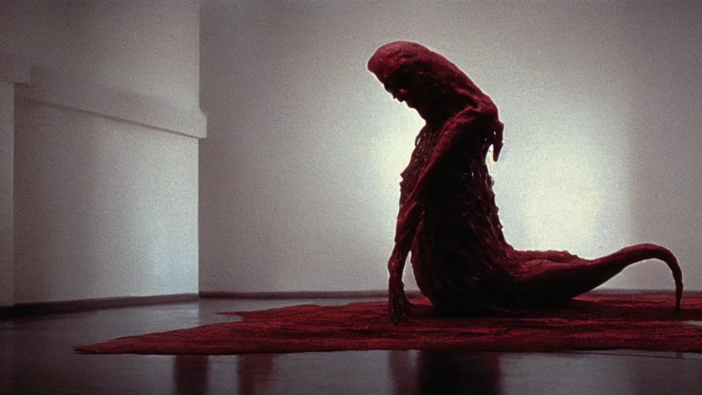 Prompt: a strange creature made of wax and water in the living room, film still from the movie directed by Denis Villeneuve with art direction by Zdzisław Beksiński, wide lens