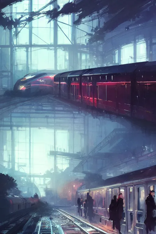 Image similar to The Train Station, cinematic lighting, dramatic atmosphere, by Dustin Nguyen, Akihiko Yoshida, Greg Tocchini, Greg Rutkowski, Cliff Chiang, 4k resolution, trending on artstation