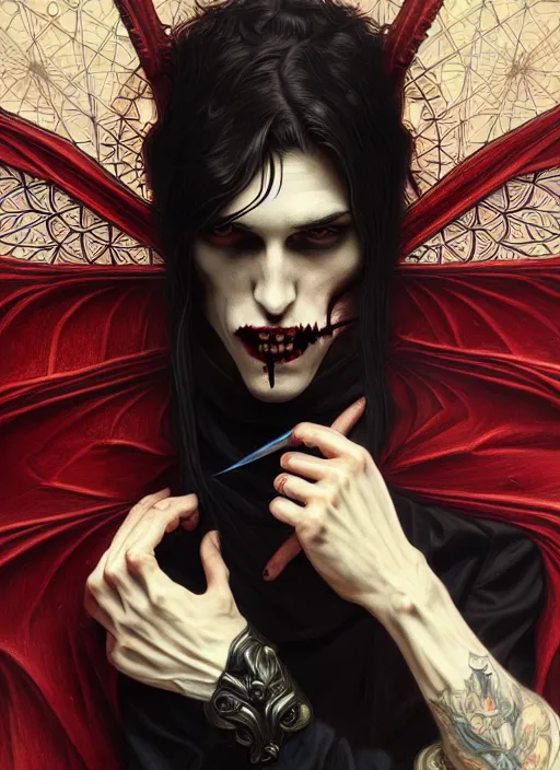 Image similar to hyper detailed ultra sharp painting of a vampire count male. trending on artstation, warpaint aesthetic, darkwave, gothic, eerie, ornate, intricate, digital painting, concept art, smooth, sharp focus, illustration, art by artgerm and james jean, gilleard james and alphonse mucha, 8 k