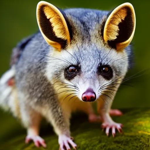 Prompt: a low angle photo of a possum fox hybrid, at the golden hour, sunset, sunrise, warm lighting, strongshadows, photo by slim aarons, award winning, 4 k, from below, worms - eye - view, low angle