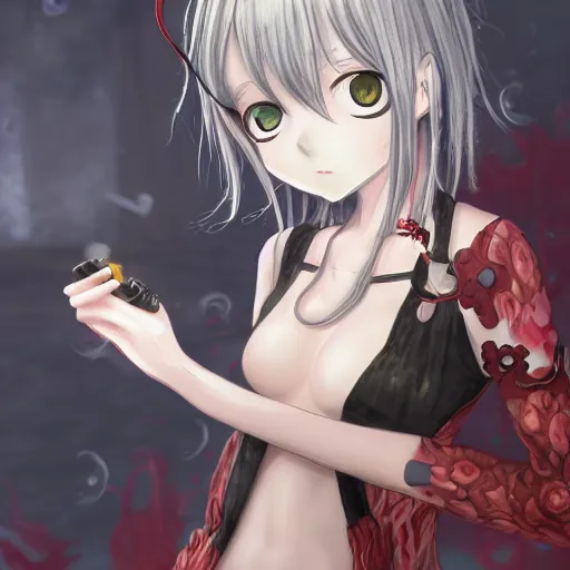 Image similar to red-eyed beautiful shoggoth anime girl smoking a cigarette deviantart by amano yoshitaka hyperreality hd danganronpa art detailed 8k by aramaki shinji, lovecraft, details, meat, blood