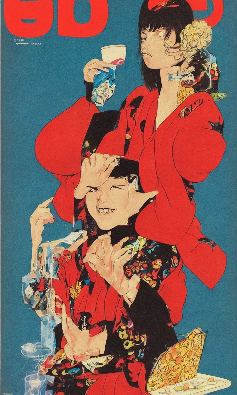 Image similar to 1979 OMNI Magazine Cover depicting a portrait of a Beautiful woman wearing a Gucci kimono in a fast food restaurant, Akira style by Vincent Di Fate