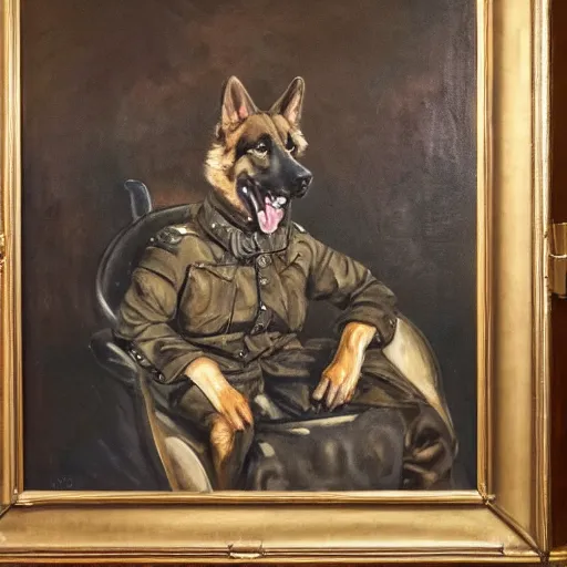 Image similar to a oil painting of a anthropomorphic german shepherd beast - man, wearing military outfit, sitting on an armchair