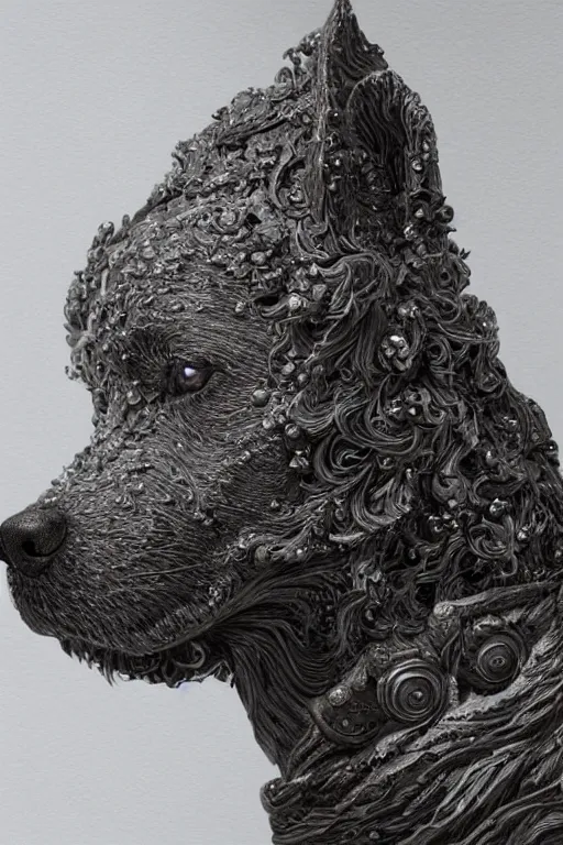 Image similar to Dog as a god, detailed face, statue, gorgeous, Delicate and intricate borders for decoration, amazing, flowing hair, muscular, fit, very muscular male body, crepuscular ray, intricate, highly detailed, 8K, digital painting, artstation, concept art, sharp focus, over-shoulder shot, illustration, art by greg rutkowski beeple and alphonse mucha