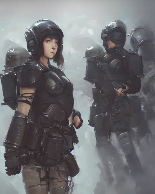 Prompt: Hyper realistic painting of a girl in riot gear, hyper detailed, anime, by greg rutkowski, trending on artstation