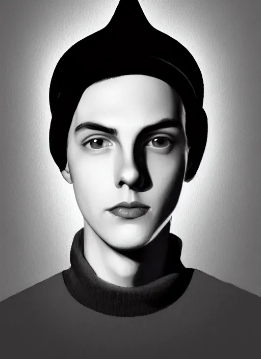 Image similar to portrait of teenage jughead jones wearing a light grey crown, crown, blue turtleneck, 1 9 5 0 s, closed eyes, photorealistic, black hair, glowing lighting, intricate, elegant, glowing lights, highly detailed, digital painting, artstation, concept art, smooth, sharp focus, illustration, art by wlop, mars ravelo and greg rutkowski