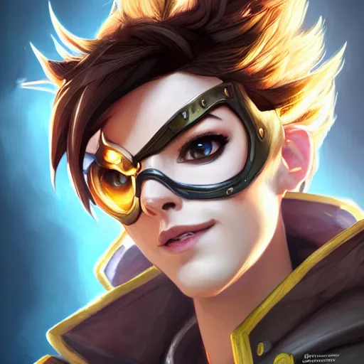 Image similar to closeup portrait of Tracer from Overwatch, D&D, fantasy, intricate, elegant, highly detailed, digital painting, artstation, concept art, matte, sharp focus, illustration, hearthstone, art by Artgerm and Gred Rutkowski and Alphonse Mucha