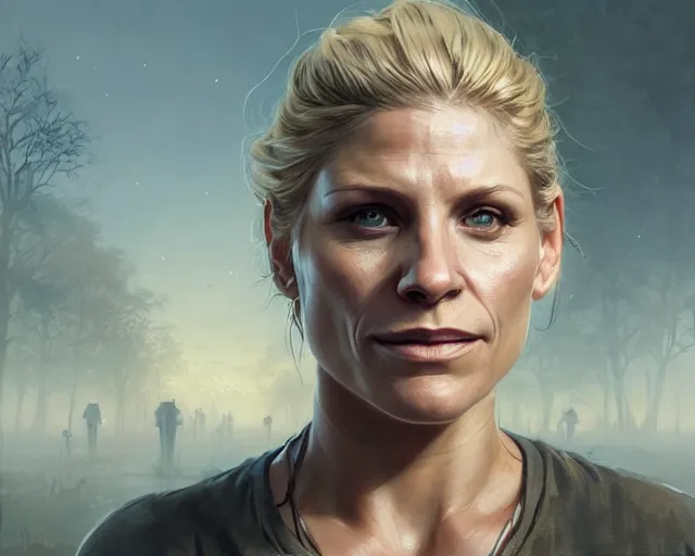 Image similar to highly detailed portrait of katee sackhoff, in the walking dead, stephen bliss, unreal engine, fantasy art by greg rutkowski, loish, rhads, ferdinand knab, makoto shinkai and lois van baarle, ilya kuvshinov, rossdraws, tom bagshaw, global illumination, radiant light, detailed and intricate environment