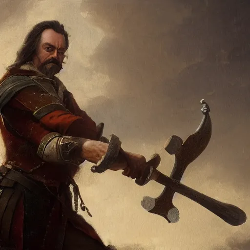 Prompt: Peter the Great holding big narrow axe, sharp focus, fantasy style, octane render, volumetric lighting, 8k high definition, by greg rutkowski, highly detailed, trending on art Station, oil painting