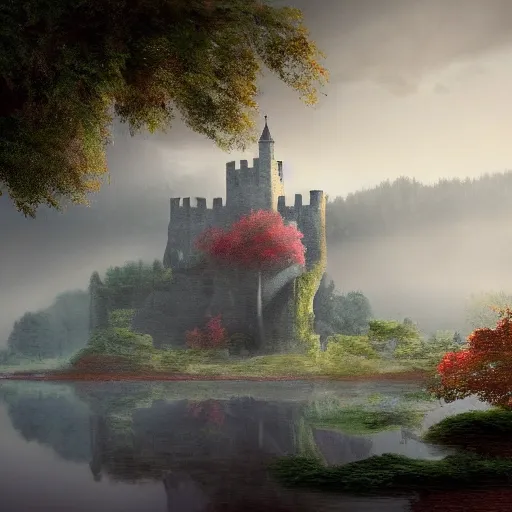 Prompt: a stone castle surrounded by lakes and trees, mist, fantasy, concept art, clear, crisp, sharp, extremely detailed, wallpaper