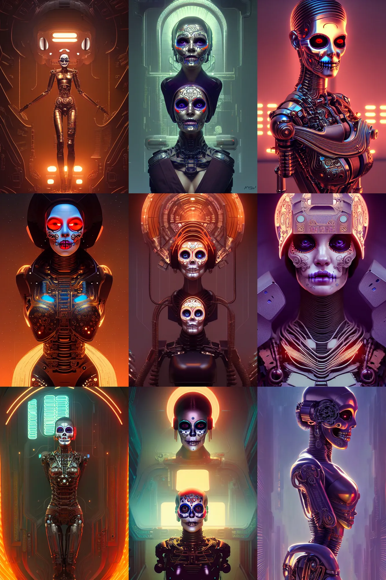 Prompt: beautiful female android! deity, ( mechanical ), intricate detailed environment, global illumination, cinematic, ( el dia los muertos ), smooth, blade runner, photorealism, hd, 8 k, beautiful, cinematic, art by moebius and rutkowski and artgerm and mucha and loish and wlop