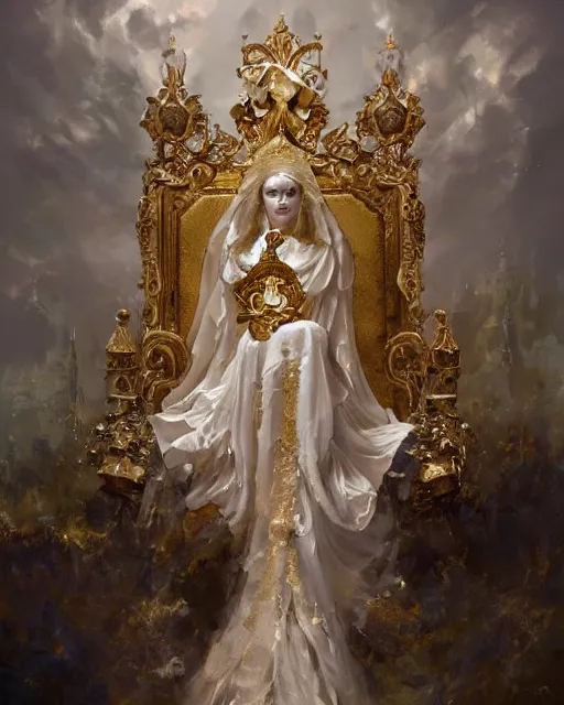 Prompt: 4k cinematic full view ethereal Skeleton wearing intricate religious gilded Madonna crown ivory rococo dress sitting on a throne , by Peter Mohrbacher, by Ruan Jia, by Greg Rutkowski, detailed and realistic, poetic and symbolic, Trending on Artstation