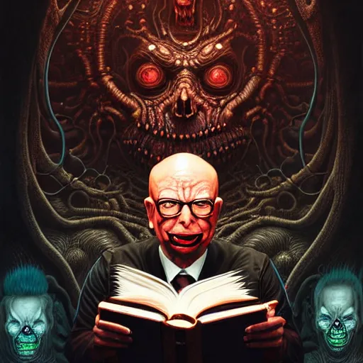 Image similar to uhd photorealistic dark scifi illustration of klaus schwab, reading necronomicon, wearing bizarre voodoo makeup. cinematic lighting, intricate makeup, swirling ghosts, in the style of akira toriyama, beksisnski, amano and karol bak, evil, fantasy, hyperdetailed.