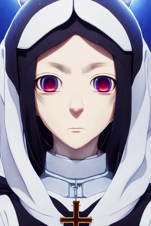 Image similar to portrait Anime cyborg girl in nun clothes, holy church Warhammer 40000, cute-fine-face, white-hair pretty face, realistic shaded Perfect face, fine details. Anime. realistic shaded lighting by Ilya Kuvshinov katsuhiro otomo ghost-in-the-shell, magali villeneuve, artgerm, rutkowski, WLOP Jeremy Lipkin and Giuseppe Dangelico Pino and Michael Garmash and Rob Rey