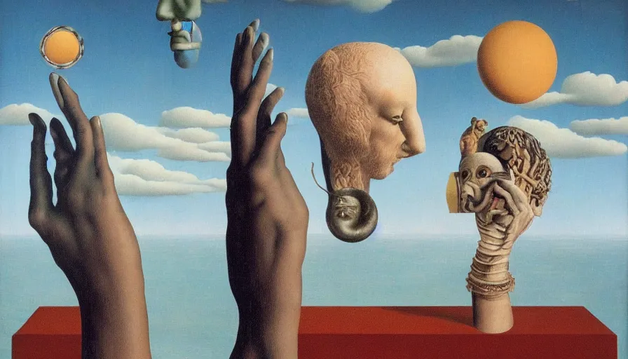 Prompt: parallel universe between forbidden knowledge and maddening strangeness by salvadore dali and rene magritte, extremely high detail, 8 k