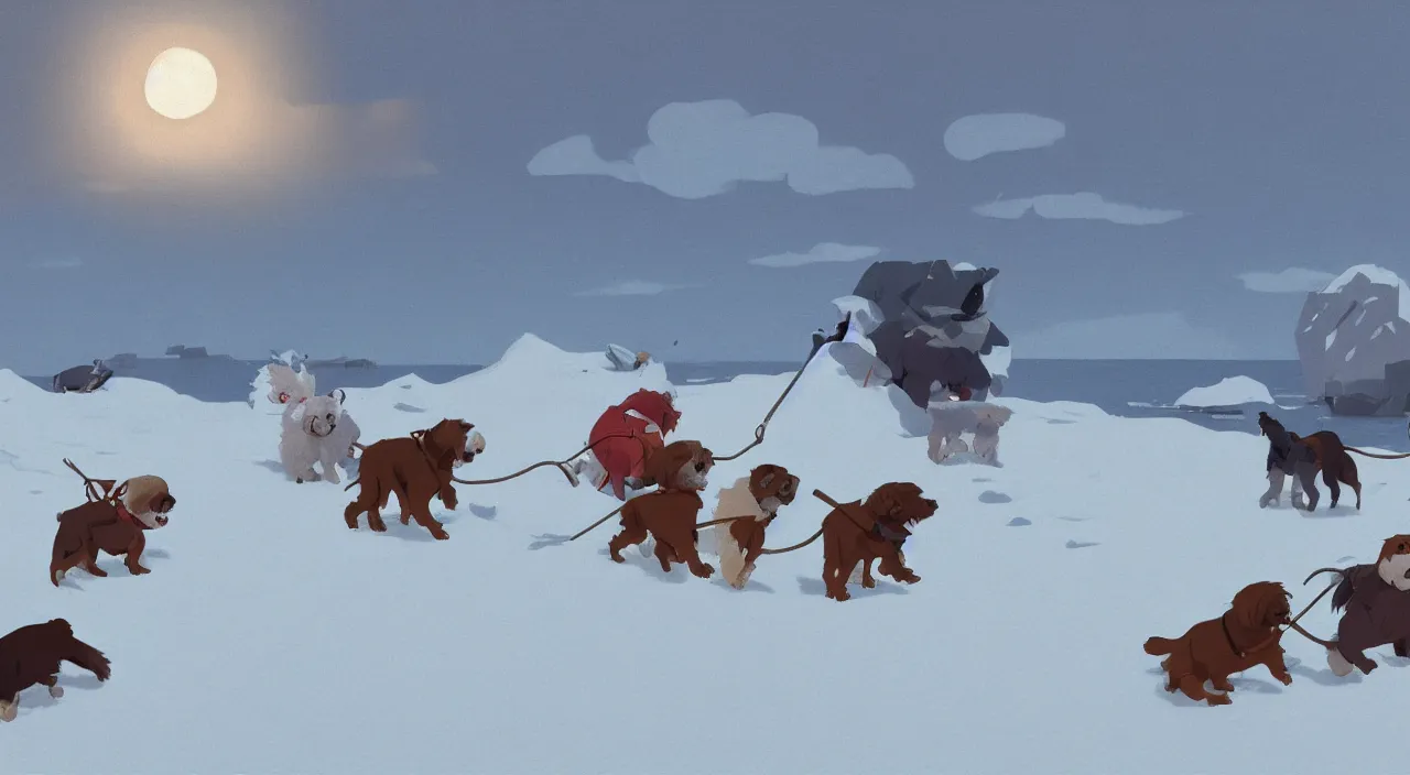 Image similar to havanese dogs and men in the arctic, havanese dogs pulling dog sleds, 1 9 0 0, tartakovsky, atey ghailan, goro fujita, studio ghibli, rim light, bright harsh lighting, clear focus, very coherent