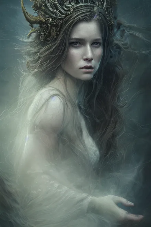 Image similar to Majestic and regal portrait of a female lady, intricate, epic, elegant, menacing, fantasy, highly detailed, digital painting, hard focus, beautiful volumetric lighting, epic light, ultra detailed, Horror, souls, ghosts, smoke by Leesha Hannigan, Ross Tran, Thierry Doizon, Kai Carpenter, Ignacio Fernández Ríos