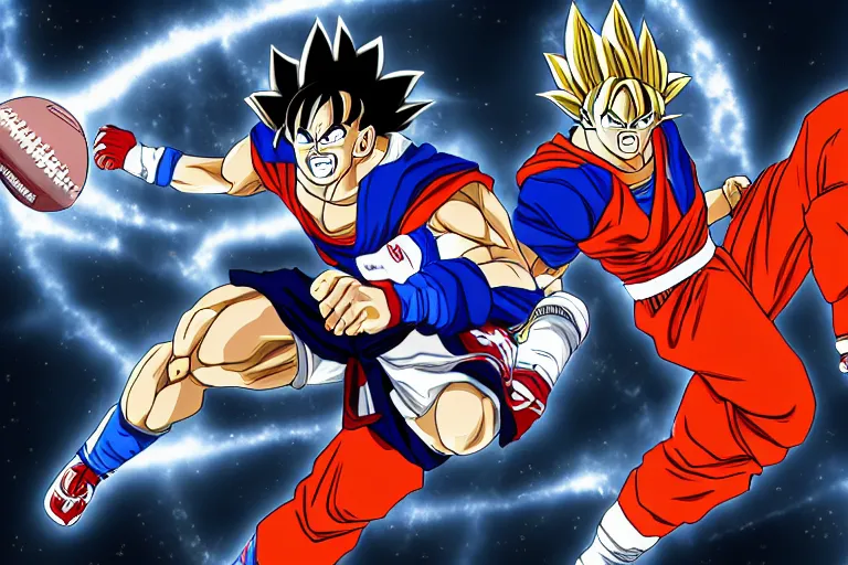 Prompt: a photo of senator armstrong football kicking goku's head, hd, 8 k