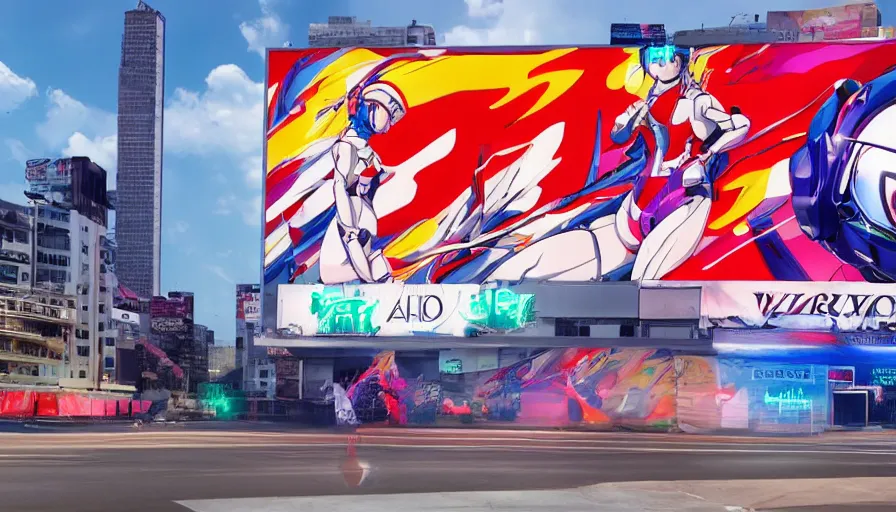 Image similar to billboard advertisement with an extremely beautiful photo of a white marble statue of an anime girl with colorful motocross logos and motorcycle helmet with closed visor, colorful smoke in the background, carved marble statue, fine art, neon genesis evangelion, virgil abloh, offwhite, denoise, highly detailed, 8 k, hyperreal