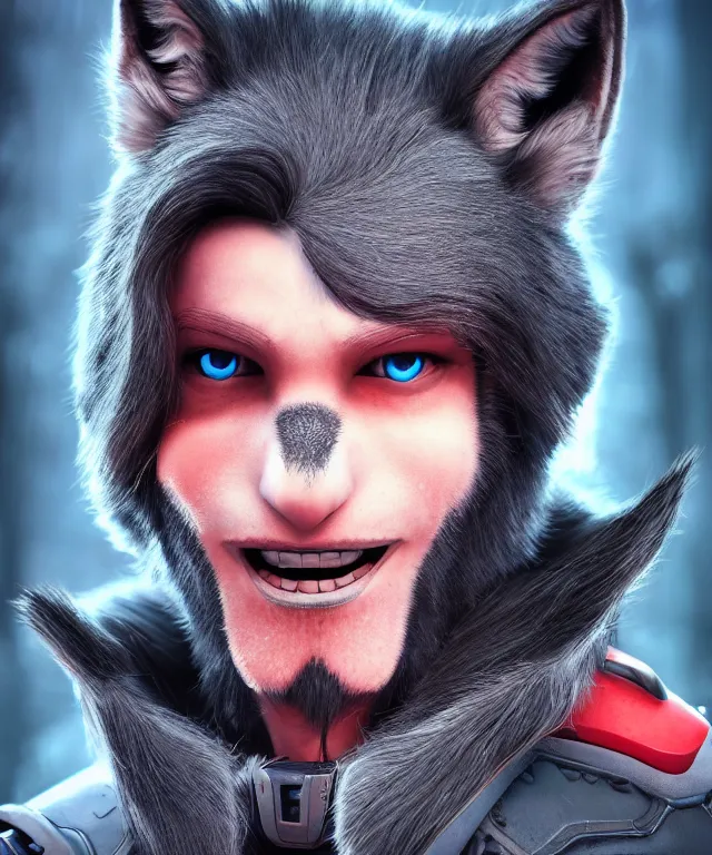 Image similar to portrait headshot of a male anthropomorphic dark gray wolf, long red hair, blue eyes, in a futuristic city, hyper detailed, digital art, trending in artstation, cinematic lighting, studio quality, smooth render, unreal engine 5 rendered, octane rendered, art style by pixar dreamworks warner bros disney riot games and overwatch.