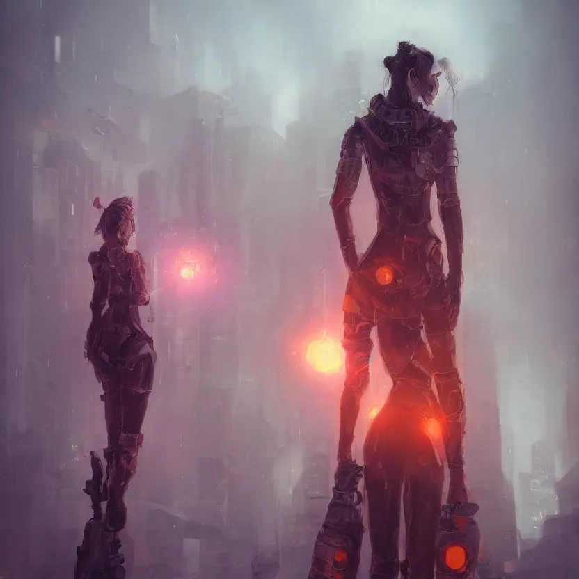 Image similar to portrait of a beautiful guard seen from the back in front of a dystopian (orange fog) merkabah flower of life cyberpunk trending on artstation